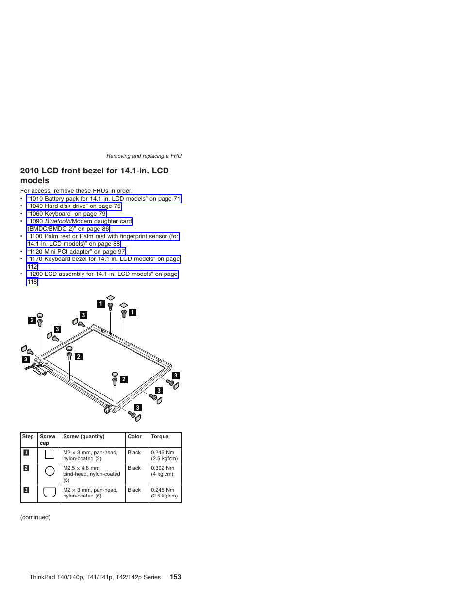 2010 lcd front bezel for 14.1-in. lcd models, Front, Bezel | Models | Lenovo THINKPAD T41/T41P User Manual | Page 159 / 260
