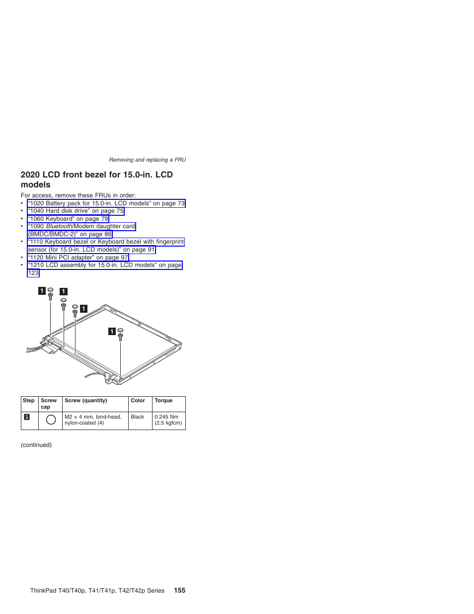 2020 lcd front bezel for 15.0-in. lcd models, Front, Bezel | Models | Lenovo THINKPAD T41/T41P User Manual | Page 161 / 260