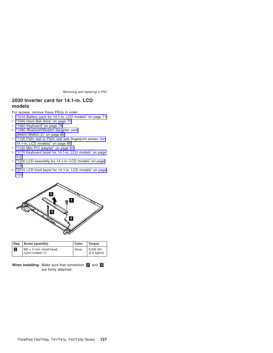 2030 inverter card for 14.1-in. lcd models, Inverter, Card | Models | Lenovo THINKPAD T41/T41P User Manual | Page 163 / 260