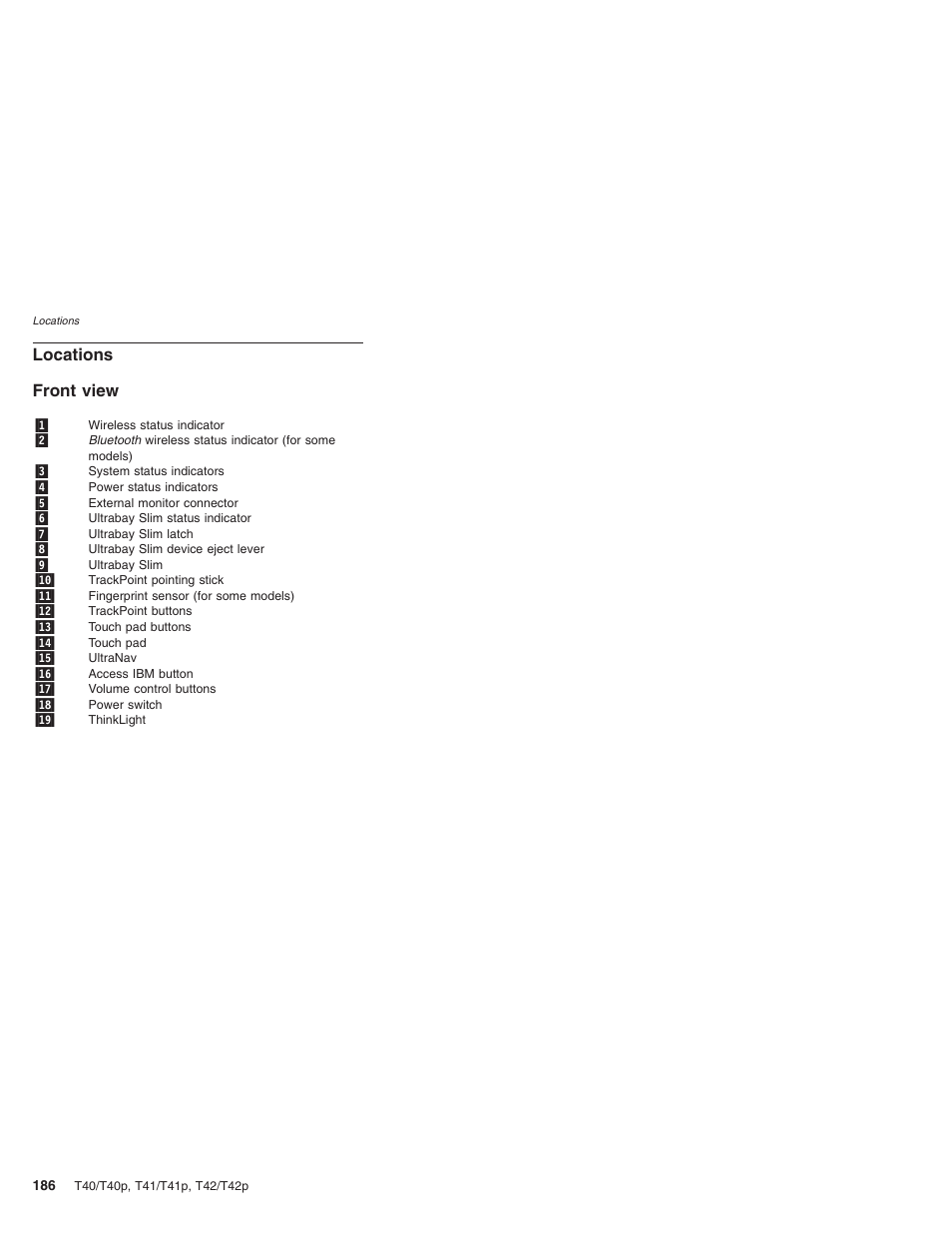 Locations, Front view, Front | View | Lenovo THINKPAD T41/T41P User Manual | Page 192 / 260