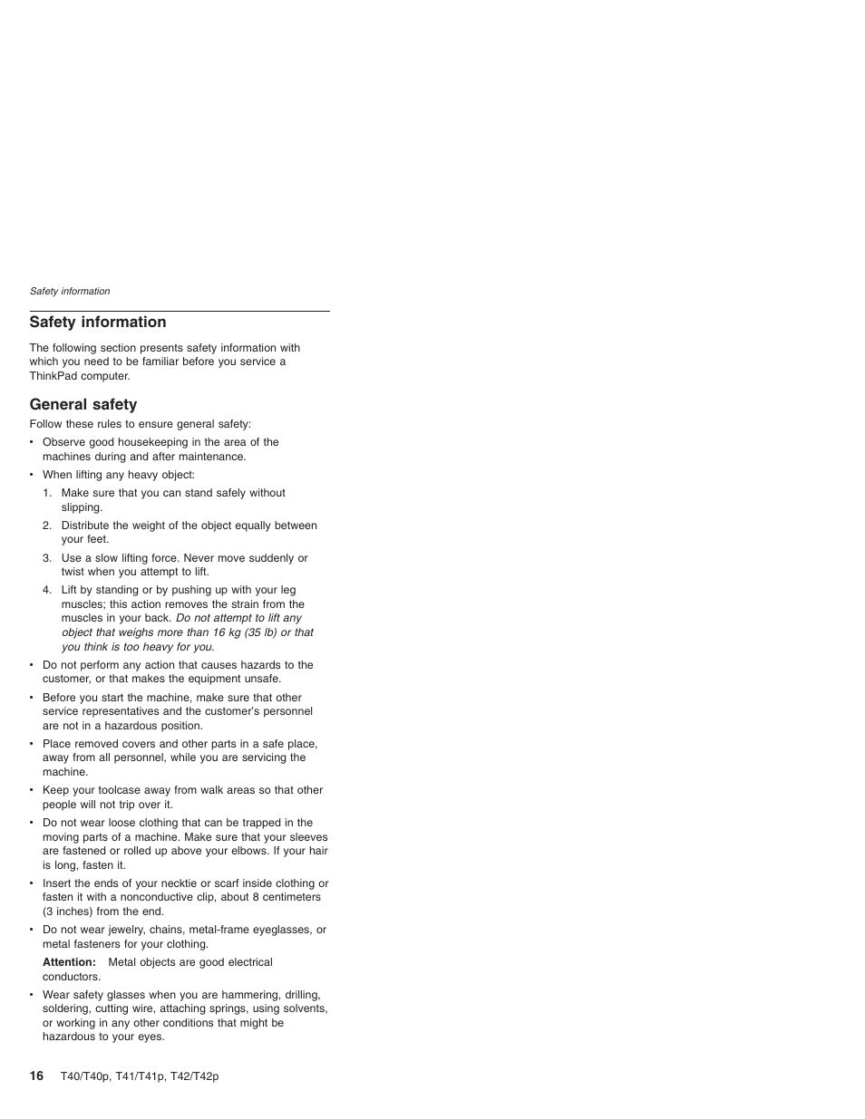 Safety information, General safety, Safety | Information, General | Lenovo THINKPAD T41/T41P User Manual | Page 22 / 260