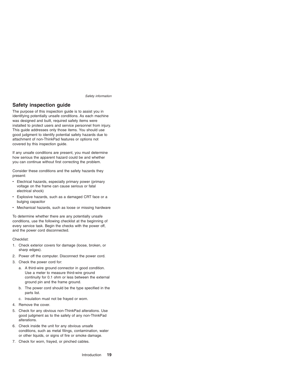 Safety inspection guide, Safety, Inspection | Guide | Lenovo THINKPAD T41/T41P User Manual | Page 25 / 260