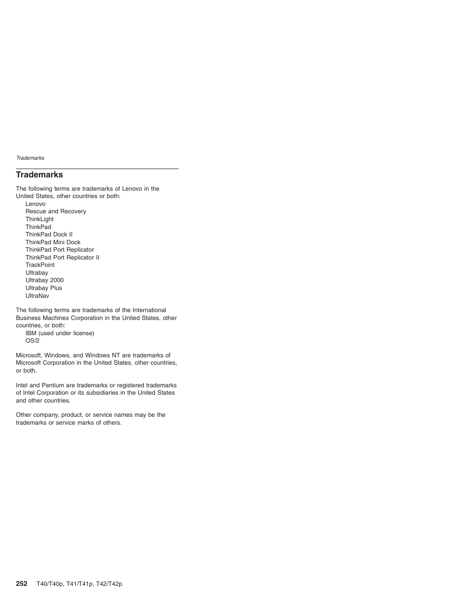 Trademarks | Lenovo THINKPAD T41/T41P User Manual | Page 258 / 260