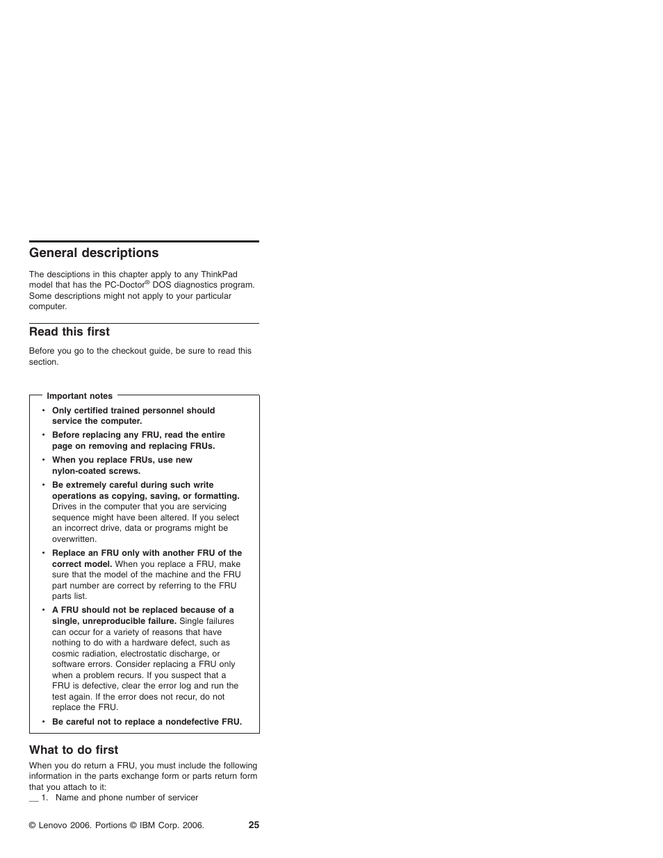 General descriptions, Read this first, What to do first | General, Descriptions, Read, This, First, What | Lenovo THINKPAD T41/T41P User Manual | Page 31 / 260