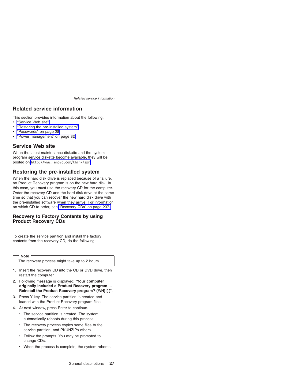Related service information, Service web site, Restoring the pre-installed system | Related, Service, Information, Site, Restoring, Pre-installed, System | Lenovo THINKPAD T41/T41P User Manual | Page 33 / 260