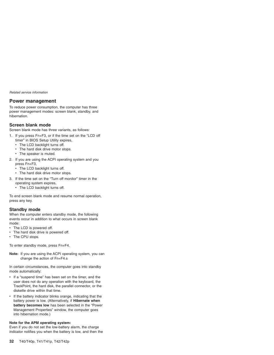 Power management, Screen blank mode, Standby mode | Power, Management | Lenovo THINKPAD T41/T41P User Manual | Page 38 / 260