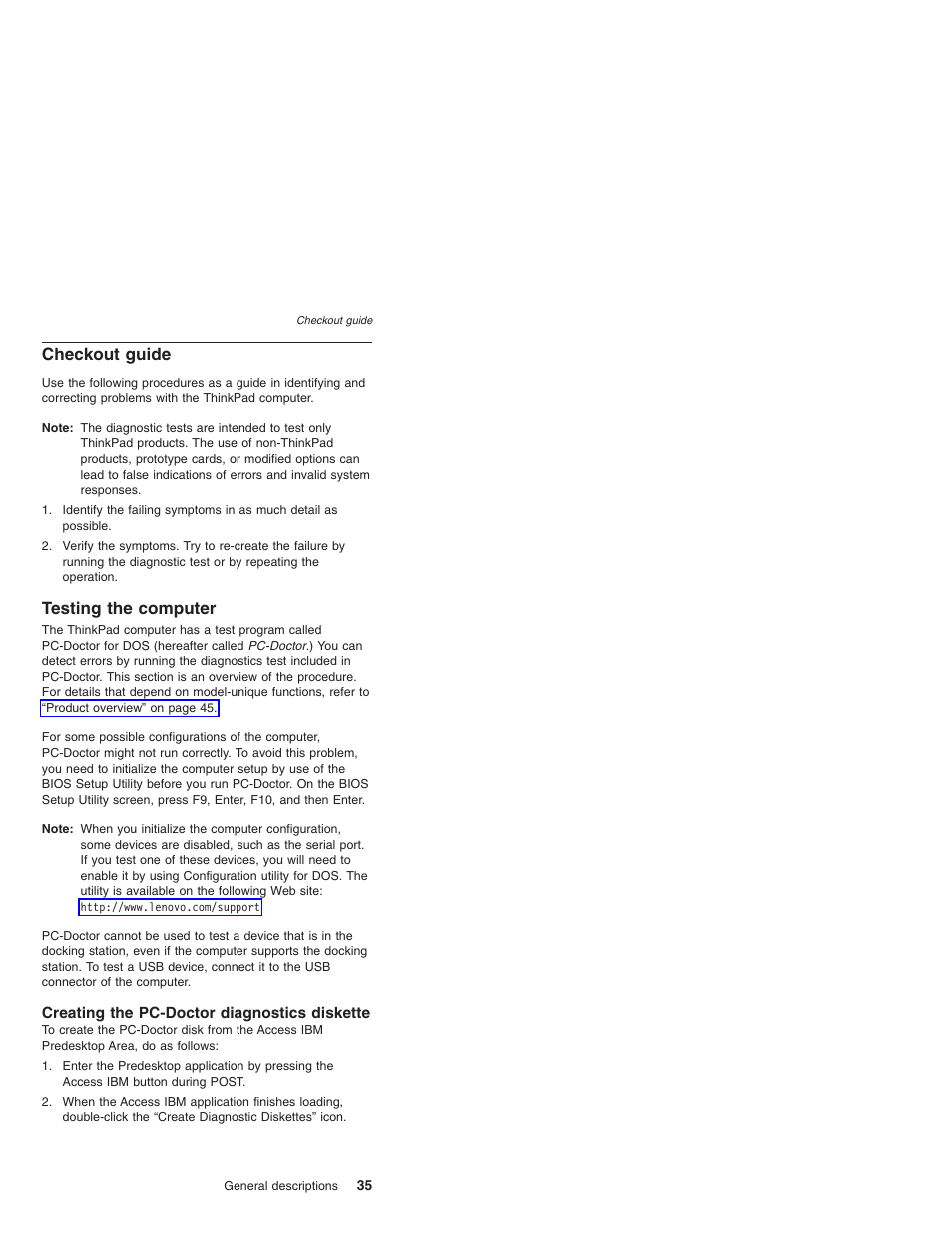 Checkout guide, Testing the computer, Creating the pc-doctor diagnostics diskette | Checkout, Guide, Testing, Computer | Lenovo THINKPAD T41/T41P User Manual | Page 41 / 260