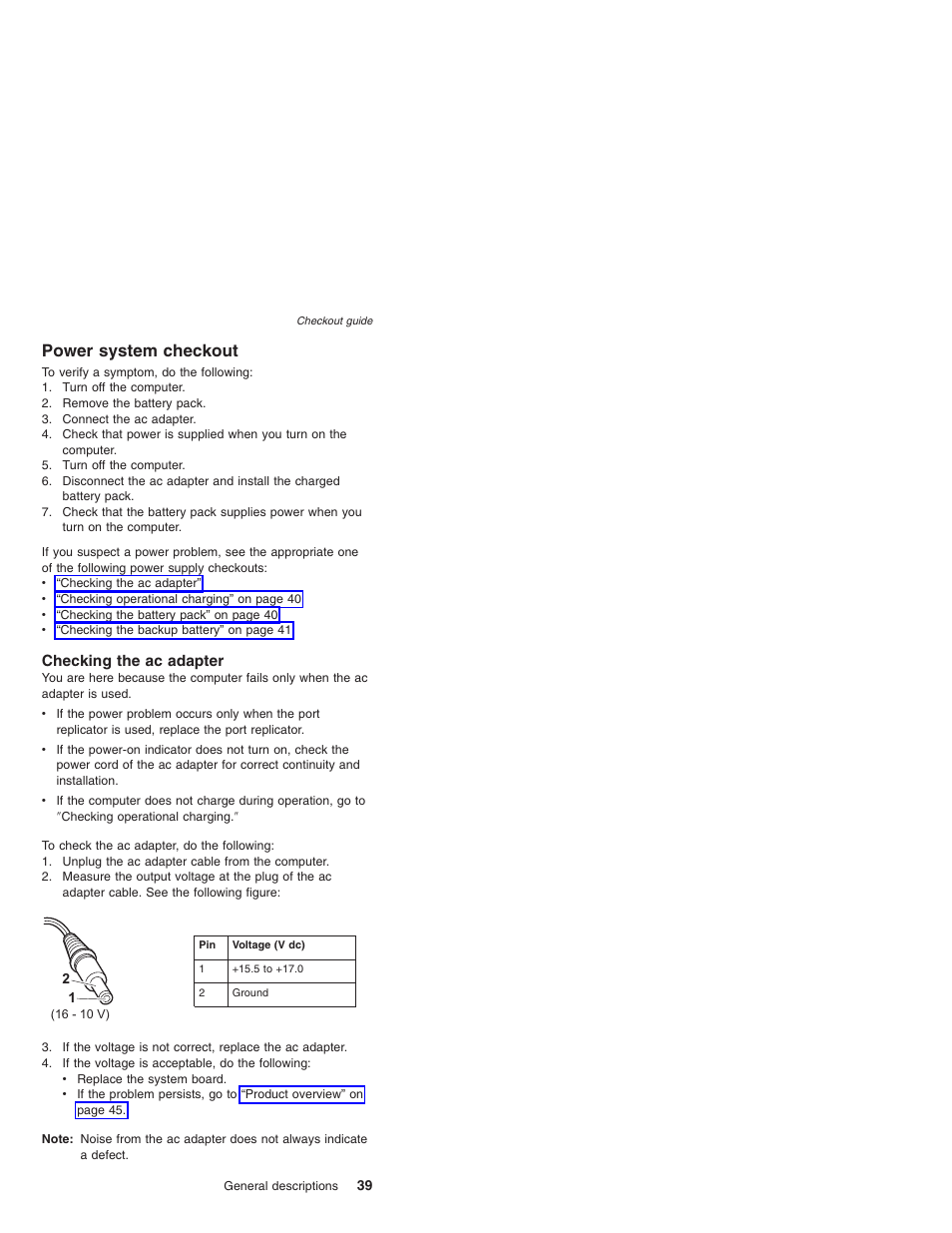 Power system checkout, Checking the ac adapter, Power | System, Checkout | Lenovo THINKPAD T41/T41P User Manual | Page 45 / 260