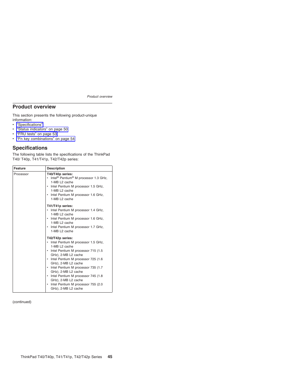 Product overview, Specifications, Product | Overview | Lenovo THINKPAD T41/T41P User Manual | Page 51 / 260