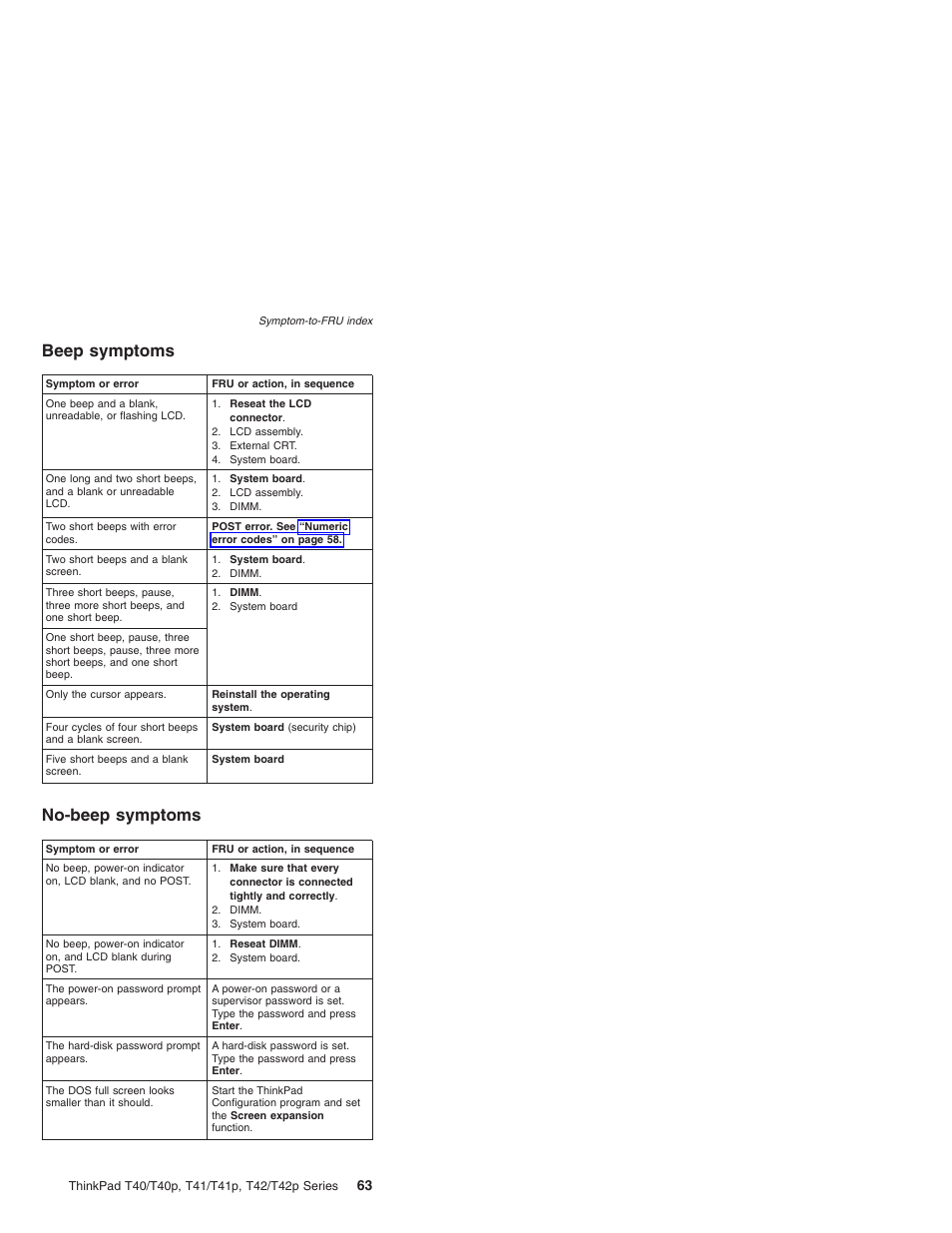 Beep symptoms, No-beep symptoms, Beep | Symptoms, No-beep | Lenovo THINKPAD T41/T41P User Manual | Page 69 / 260