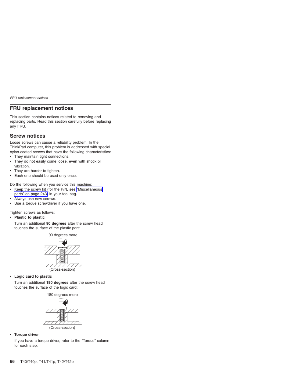 Fru replacement notices, Screw notices, Replacement | Notices, Screw | Lenovo THINKPAD T41/T41P User Manual | Page 72 / 260