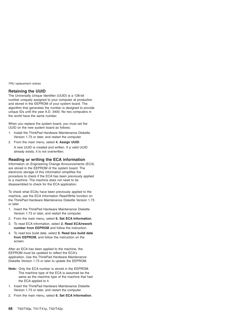 Retaining the uuid, Reading or writing the eca information, Retaining | Uuid, Reading, Writing, Information | Lenovo THINKPAD T41/T41P User Manual | Page 74 / 260