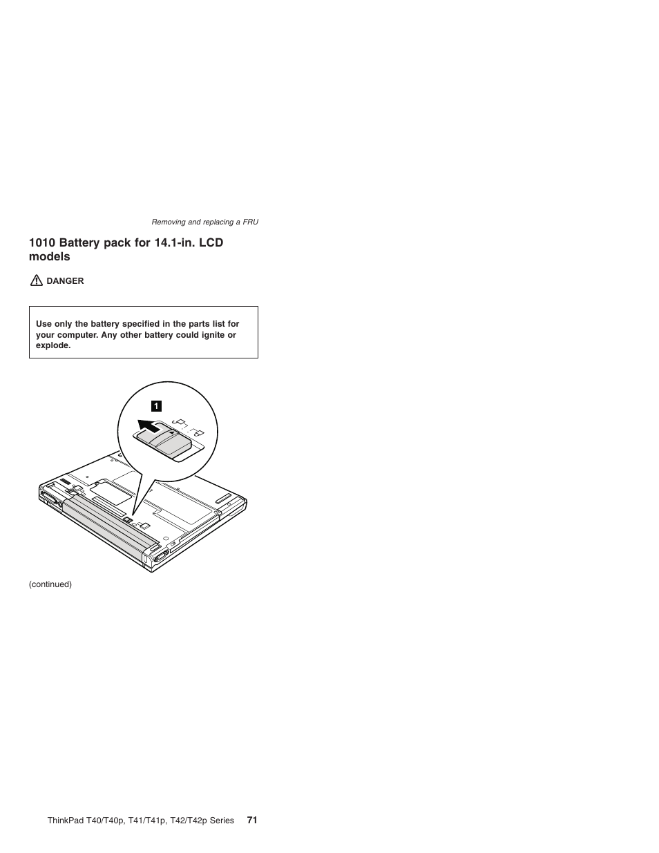 1010 battery pack for 14.1-in. lcd models, Battery, Pack | Models | Lenovo THINKPAD T41/T41P User Manual | Page 77 / 260