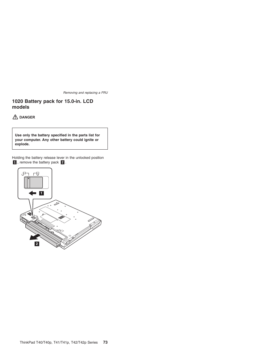 1020 battery pack for 15.0-in. lcd models, Battery, Pack | Models | Lenovo THINKPAD T41/T41P User Manual | Page 79 / 260