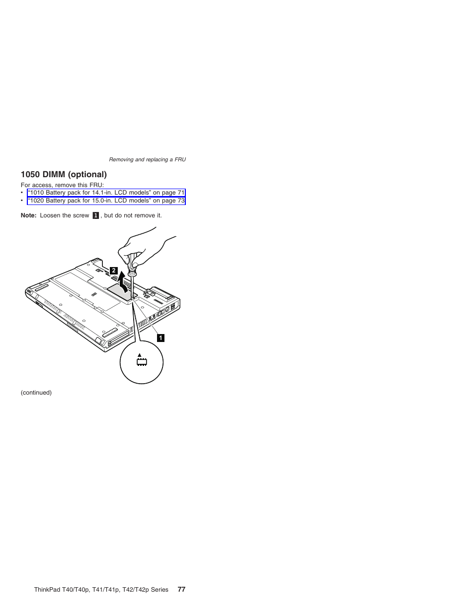1050 dimm (optional), Dimm, Optional) | Lenovo THINKPAD T41/T41P User Manual | Page 83 / 260