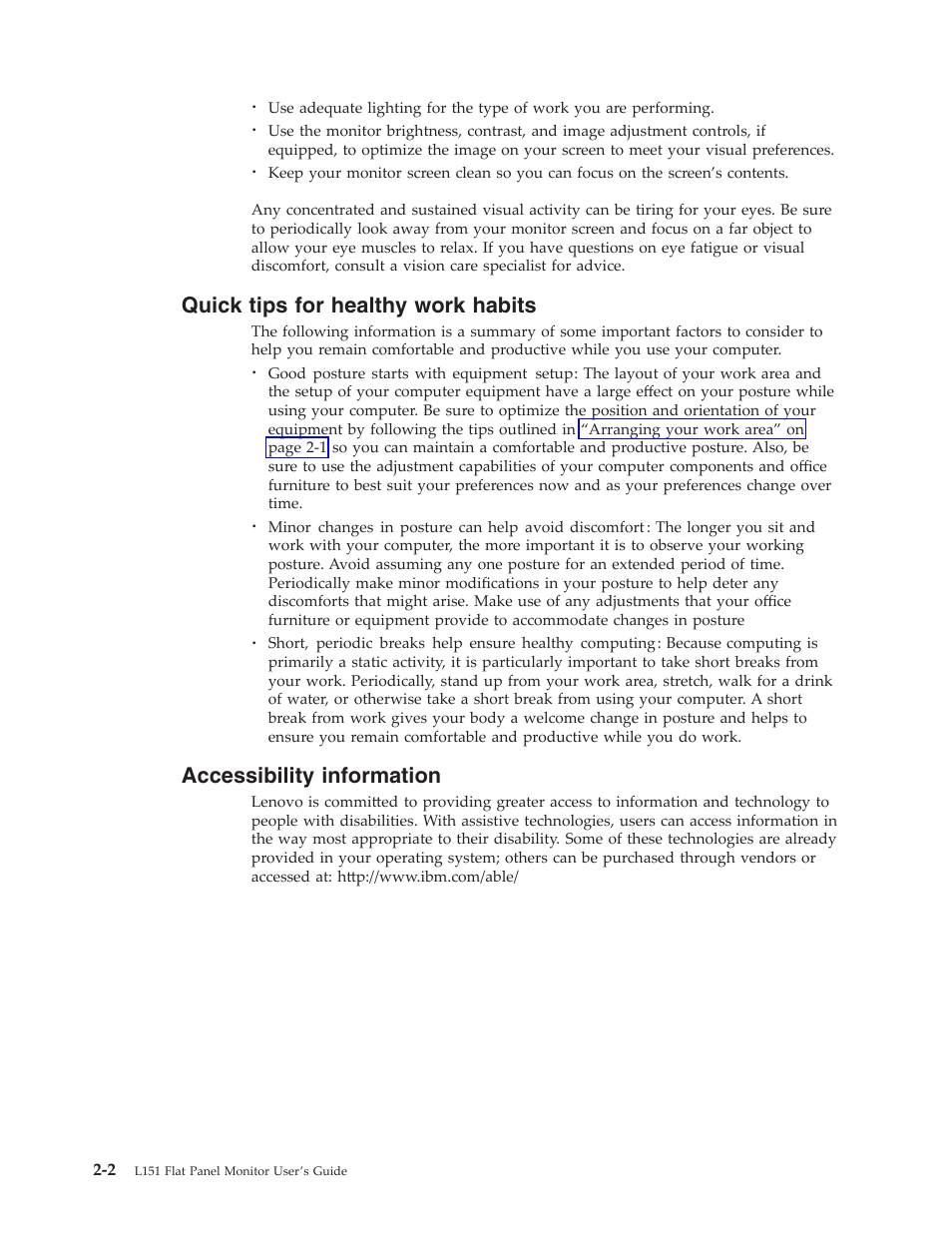 Quick tips for healthy work habits, Accessibility information, Quick | Tips, Healthy, Work, Habits, Accessibility, Information | Lenovo L151 User Manual | Page 11 / 29