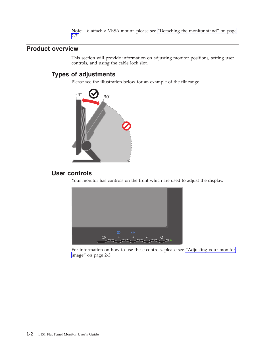 Product overview, Types of adjustments, User controls | Product, Overview, Types, Adjustments, User, Controls | Lenovo L151 User Manual | Page 6 / 29