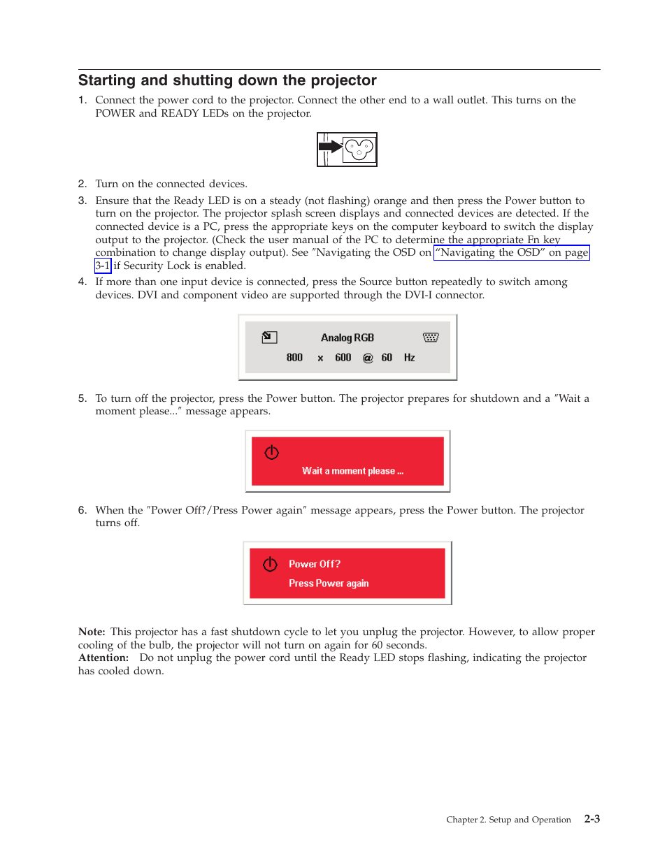 Starting and shutting down the projector, Starting, Shutting | Down, Projector | Lenovo M500 User Manual | Page 27 / 86