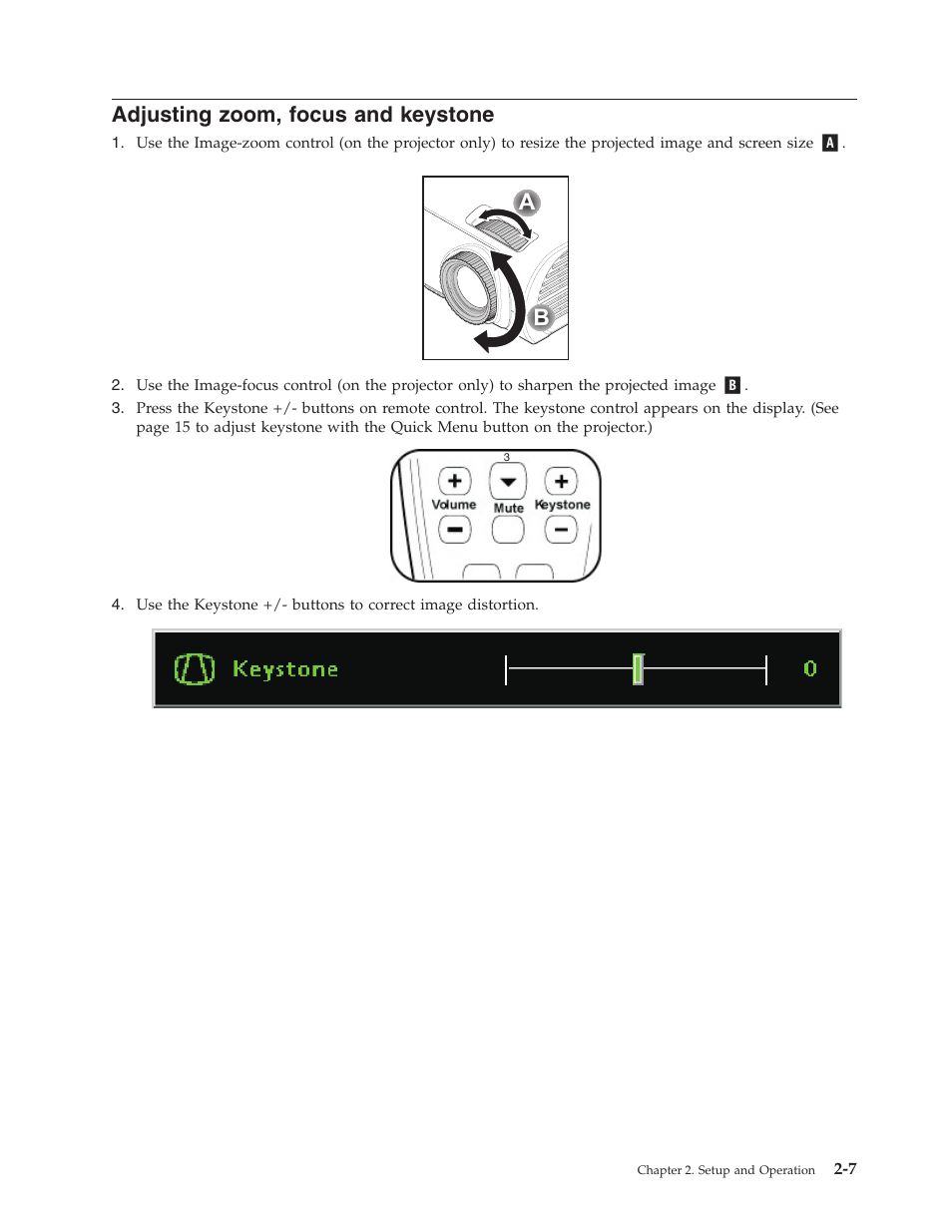 Adjusting zoom, focus and keystone, Adjusting, Zoom | Focus, Keystone | Lenovo M500 User Manual | Page 31 / 86