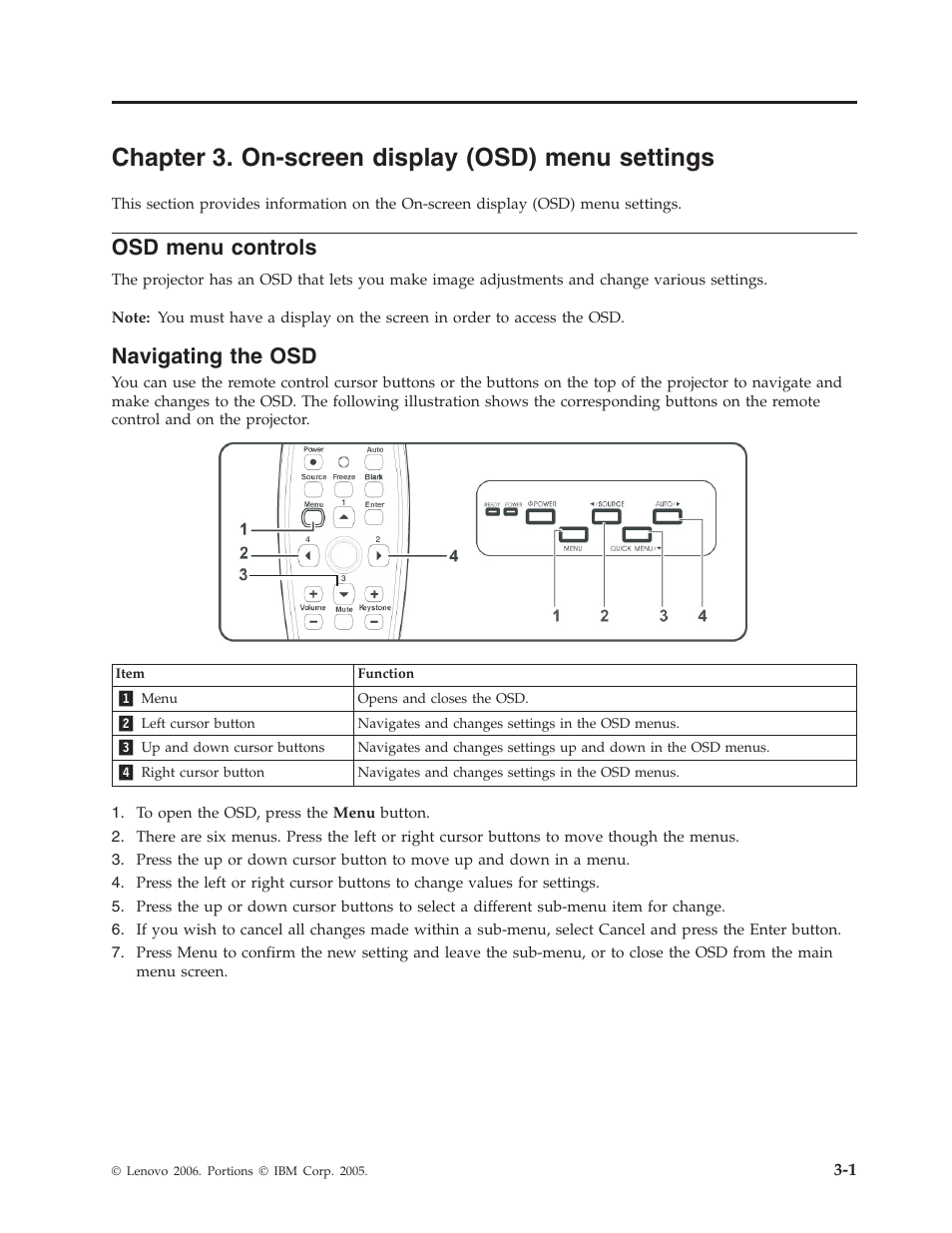Chapter 3. on-screen display (osd) menu settings, Osd menu controls, Navigating the osd | Chapter, On-screen, Display, Osd), Menu, Settings, Controls | Lenovo M500 User Manual | Page 33 / 86