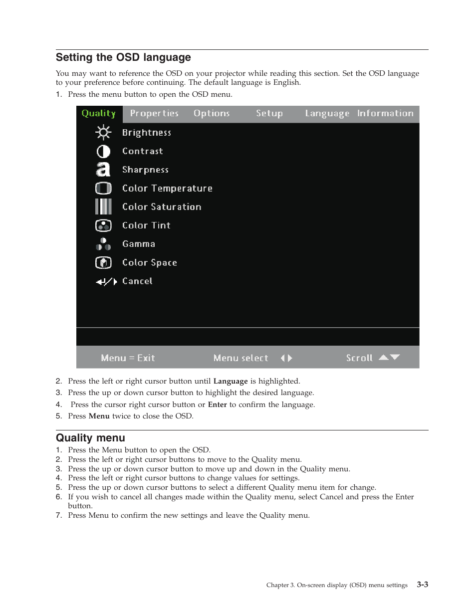 Setting the osd language, Quality menu, Setting | Language, Quality, Menu | Lenovo M500 User Manual | Page 35 / 86