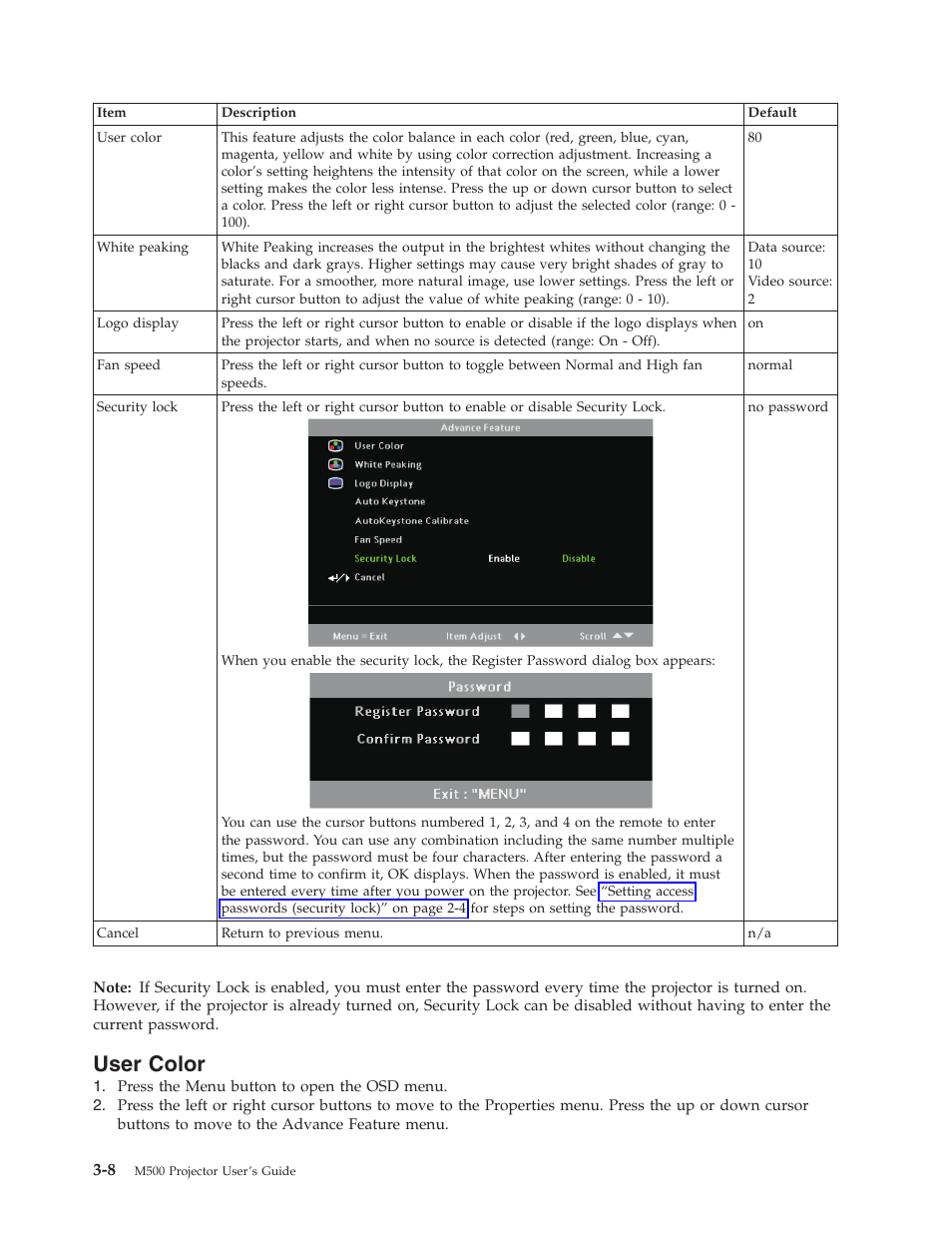 User color, User, Color | Lenovo M500 User Manual | Page 40 / 86