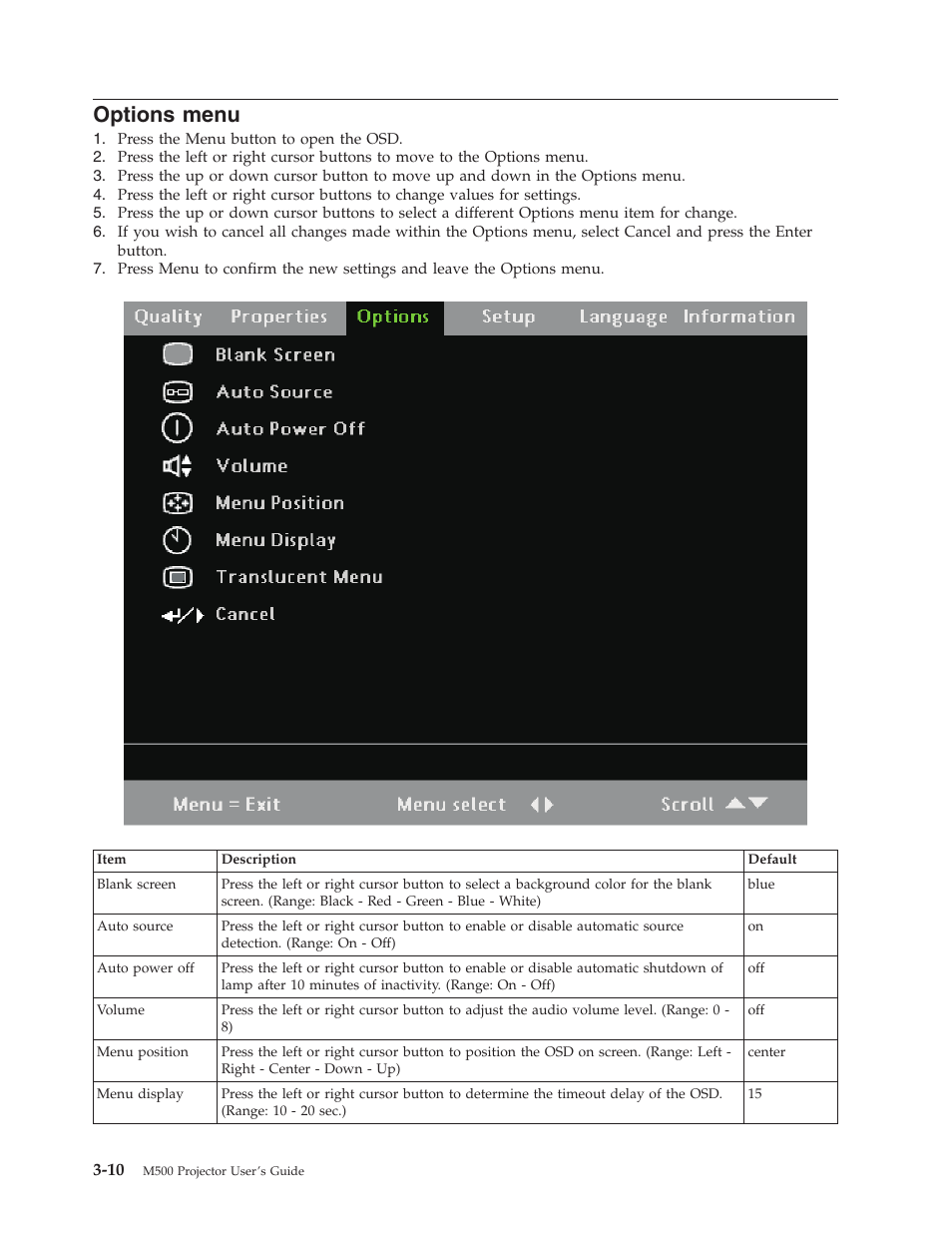 Options menu, Options, Menu | Lenovo M500 User Manual | Page 42 / 86