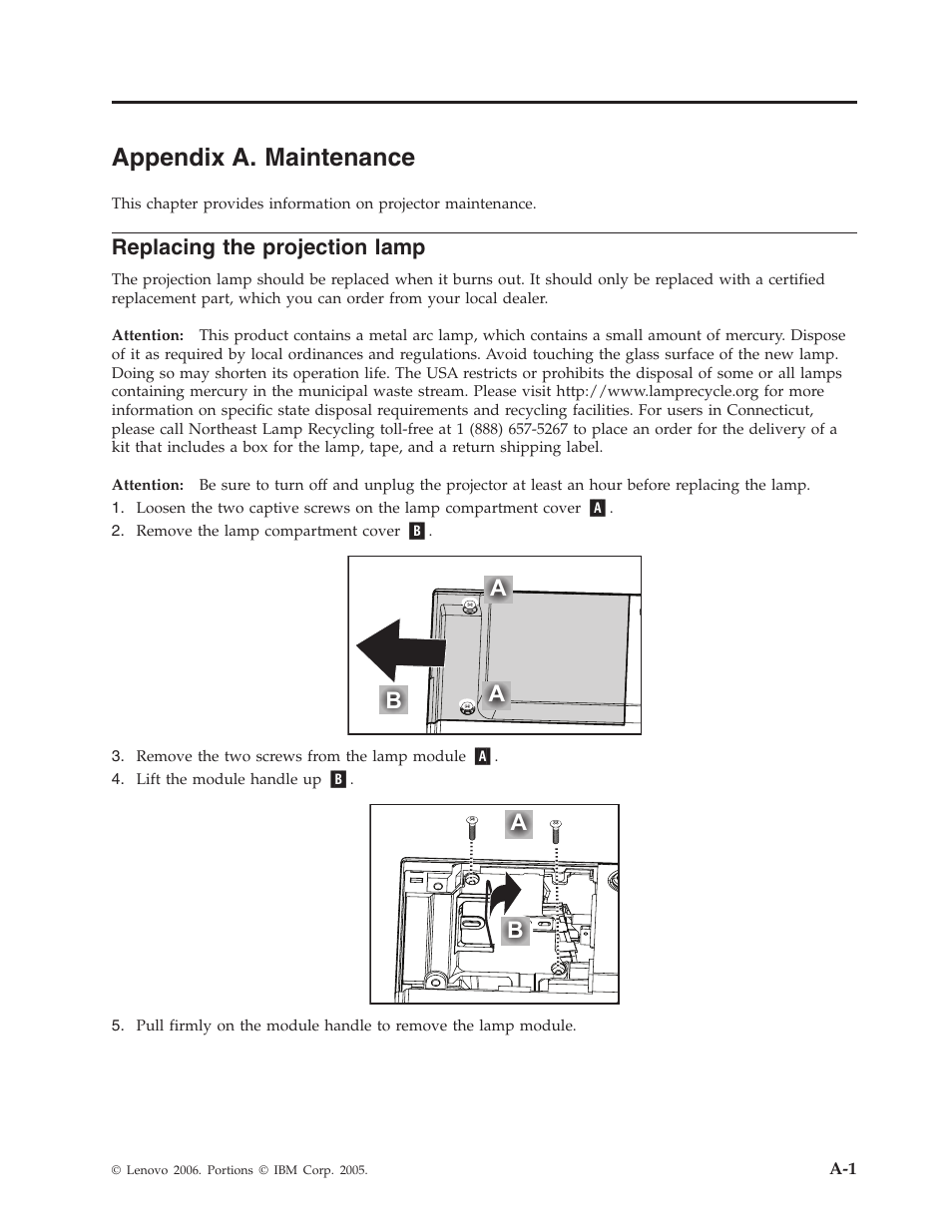 Appendix a. maintenance, Replacing the projection lamp, Appendix | Maintenance, Replacing, Projection, Lamp, Ba a | Lenovo M500 User Manual | Page 47 / 86
