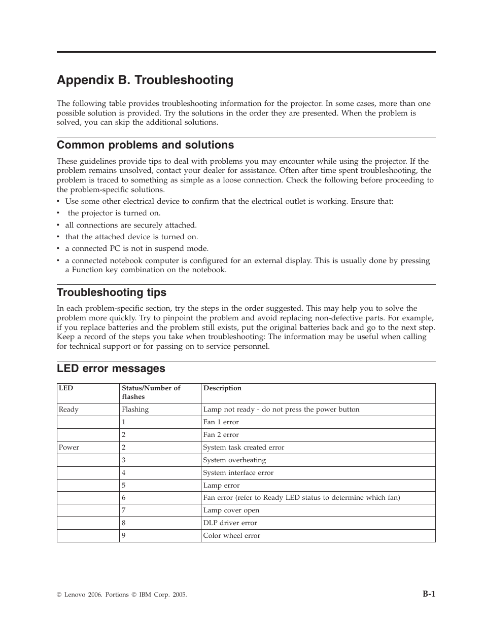 Appendix b. troubleshooting, Common problems and solutions, Troubleshooting tips | Led error messages, Appendix, Troubleshooting, Common, Problems, Solutions, Tips | Lenovo M500 User Manual | Page 51 / 86