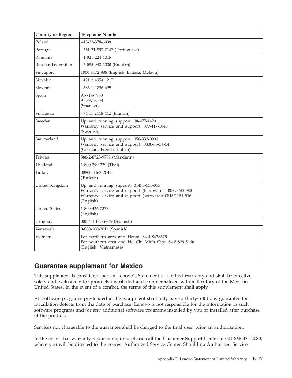 Guarantee supplement for mexico, Guarantee, Supplement | Mexico, E-17 | Lenovo M500 User Manual | Page 77 / 86
