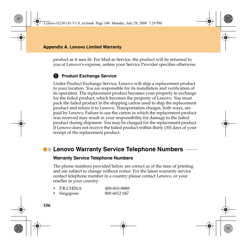Lenovo warranty service telephone numbers | Lenovo 3000 G230 User Manual | Page 114 / 140