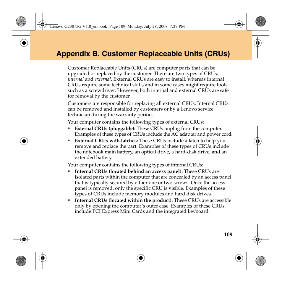 Appendix b. customer replaceable units (crus) | Lenovo 3000 G230 User Manual | Page 117 / 140