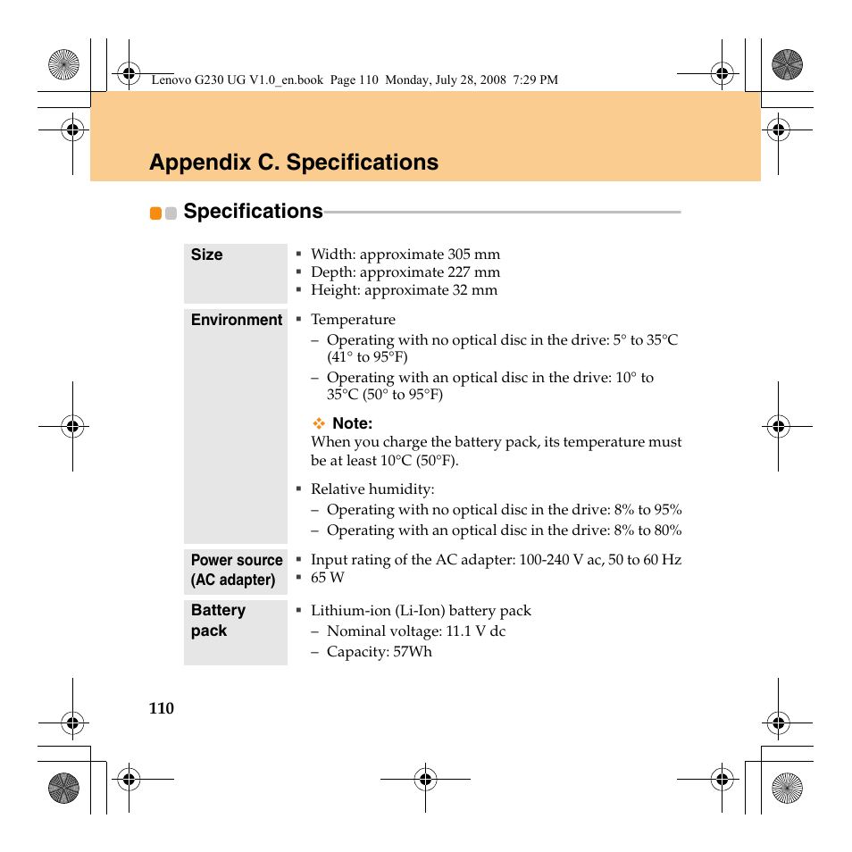 Appendix c. specifications, Specifications | Lenovo 3000 G230 User Manual | Page 118 / 140