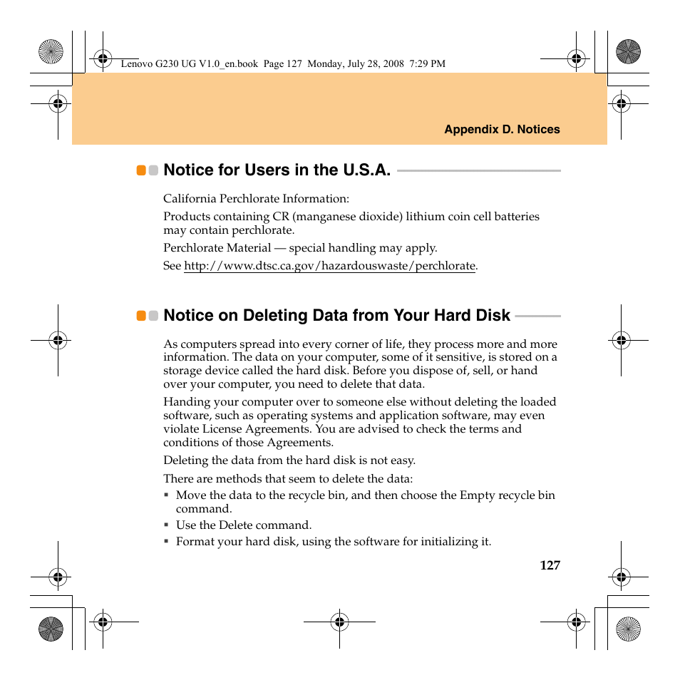Notice for users in the u.s.a, Notice on deleting data from your hard disk | Lenovo 3000 G230 User Manual | Page 135 / 140