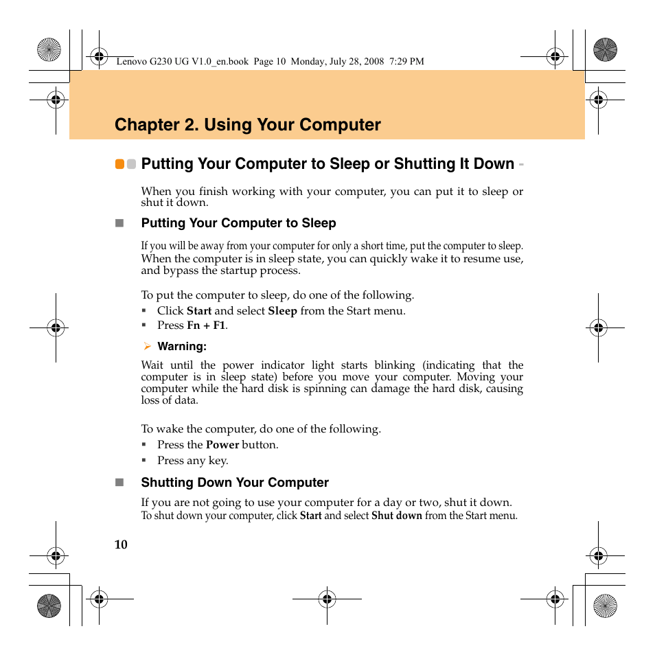 Chapter 2. using your computer, Putting your computer to sleep or shutting it down | Lenovo 3000 G230 User Manual | Page 18 / 140