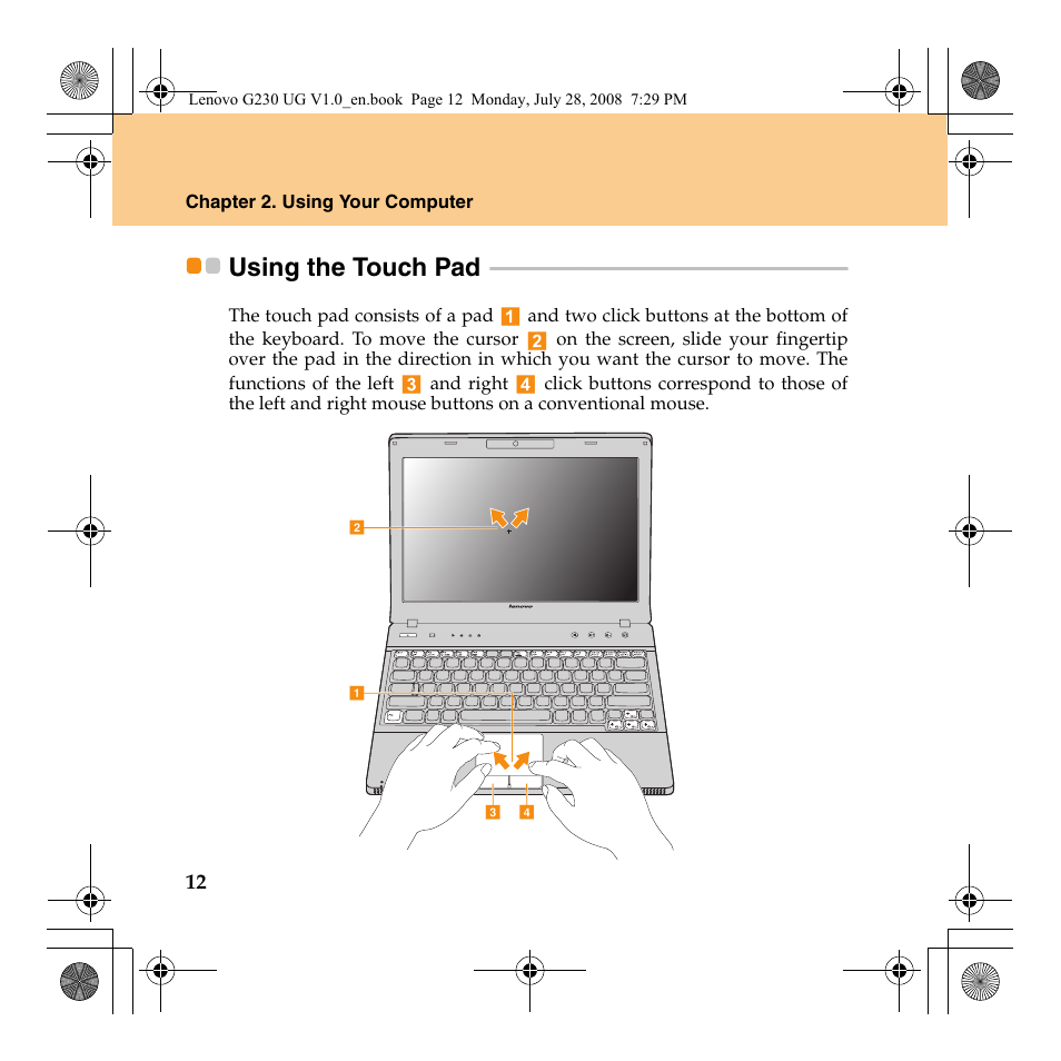 Using the touch pad | Lenovo 3000 G230 User Manual | Page 20 / 140