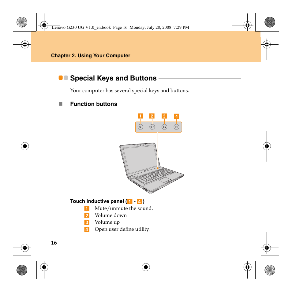 Special keys and buttons | Lenovo 3000 G230 User Manual | Page 24 / 140