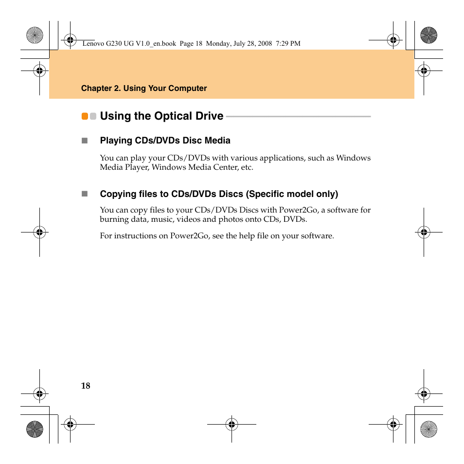 Using the optical drive | Lenovo 3000 G230 User Manual | Page 26 / 140