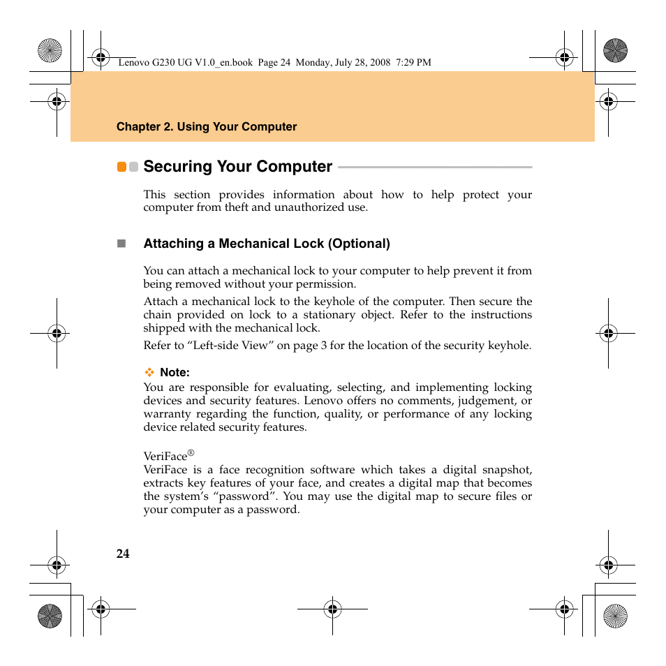 Securing your computer | Lenovo 3000 G230 User Manual | Page 32 / 140