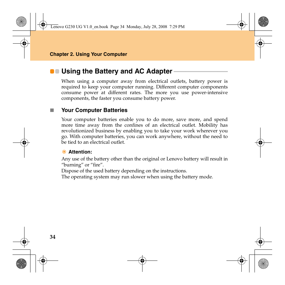 Using the battery and ac adapter | Lenovo 3000 G230 User Manual | Page 42 / 140