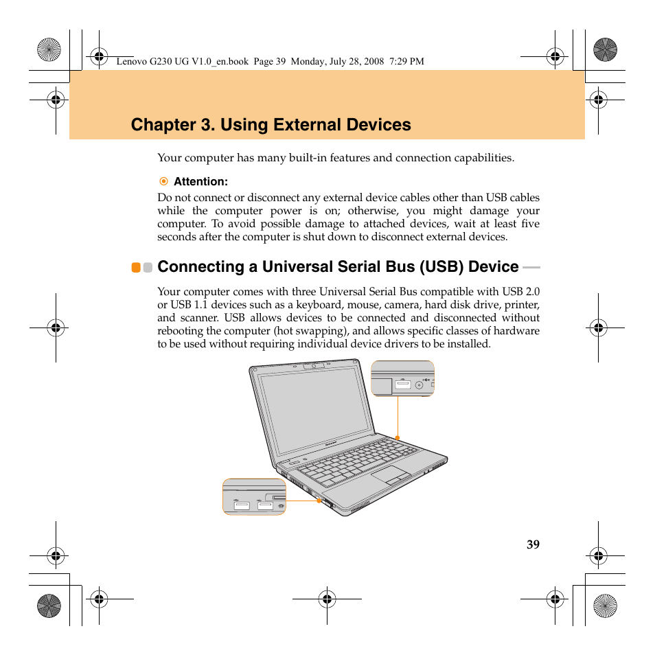 Chapter 3. using external devices, Connecting a universal serial bus (usb) device | Lenovo 3000 G230 User Manual | Page 47 / 140