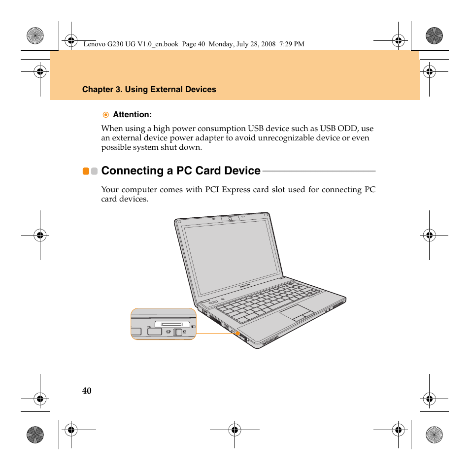 Connecting a pc card device | Lenovo 3000 G230 User Manual | Page 48 / 140