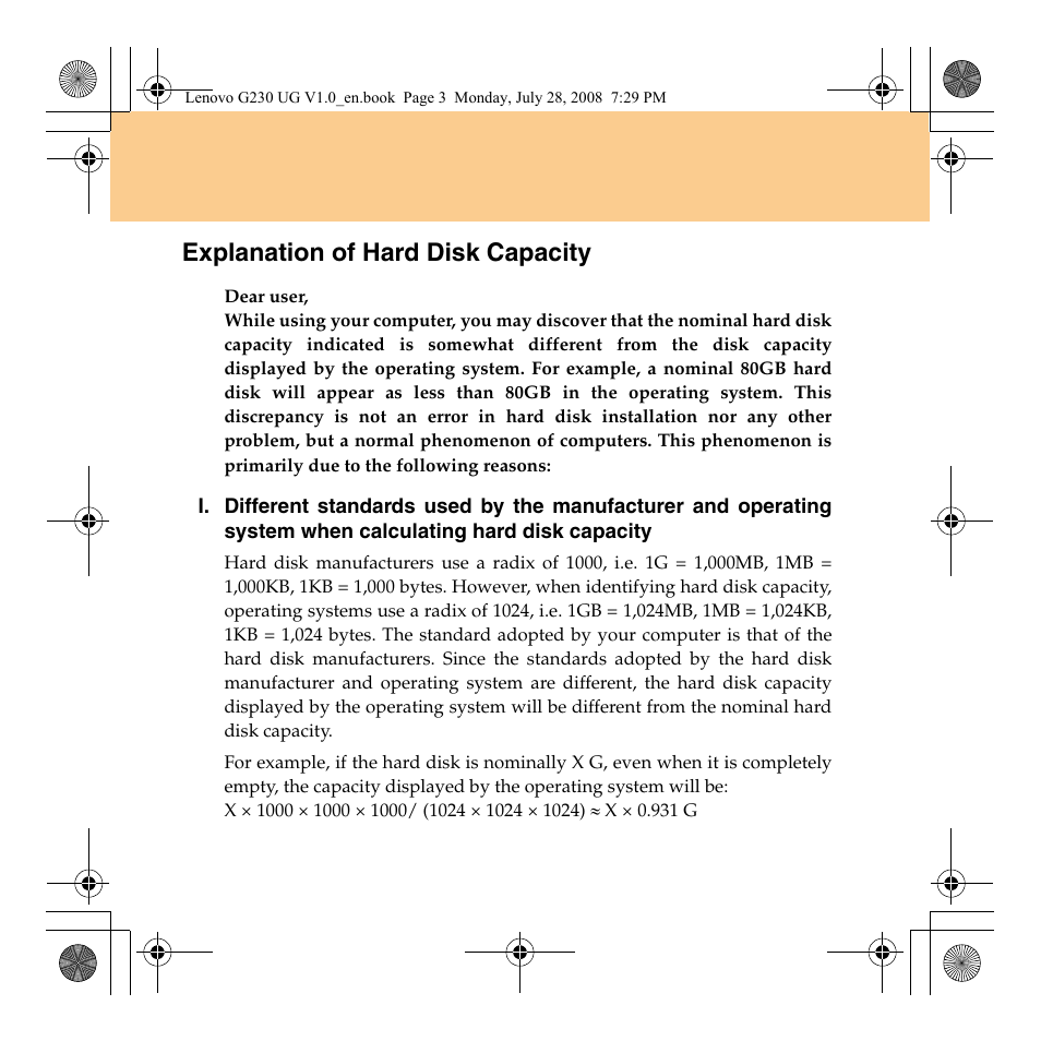 Explanation of hard disk capacity | Lenovo 3000 G230 User Manual | Page 5 / 140