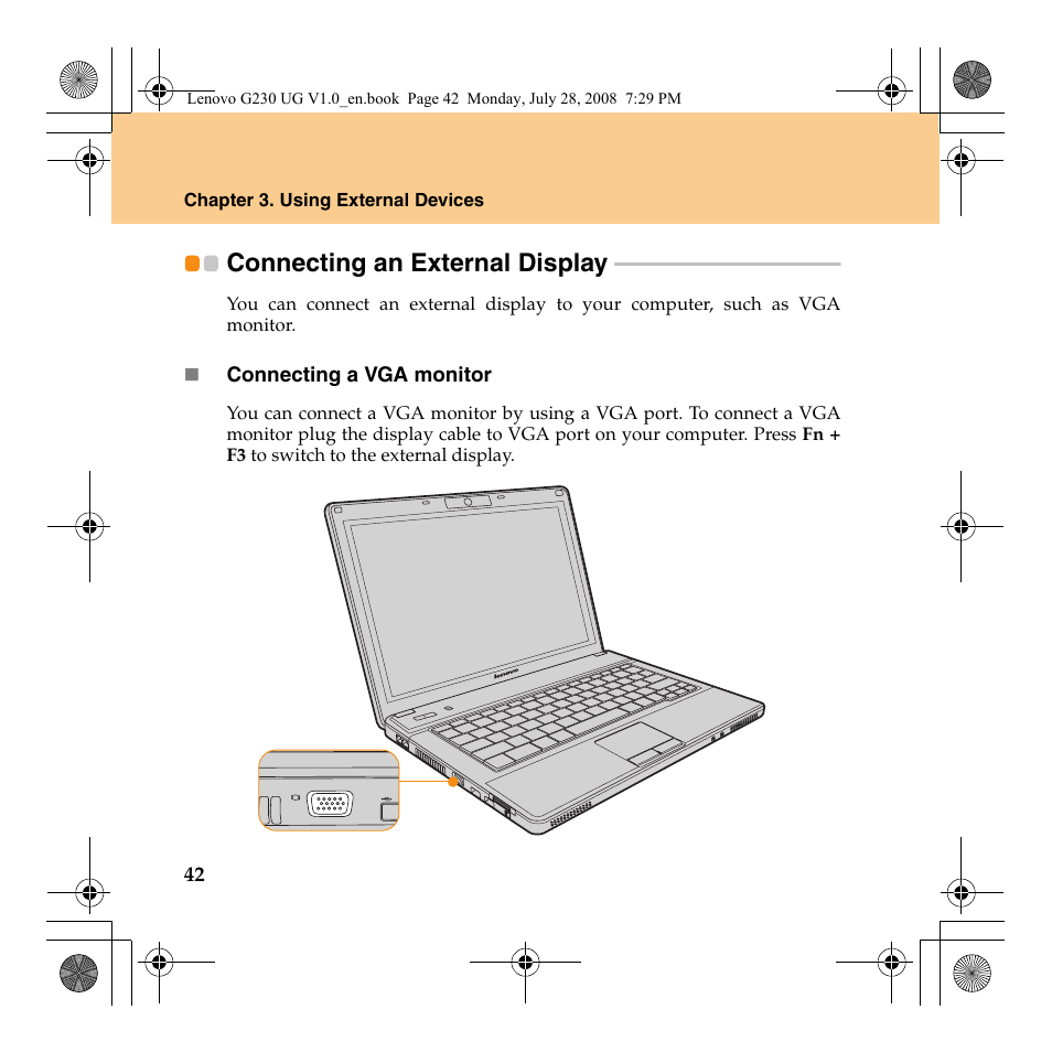 Connecting an external display | Lenovo 3000 G230 User Manual | Page 50 / 140