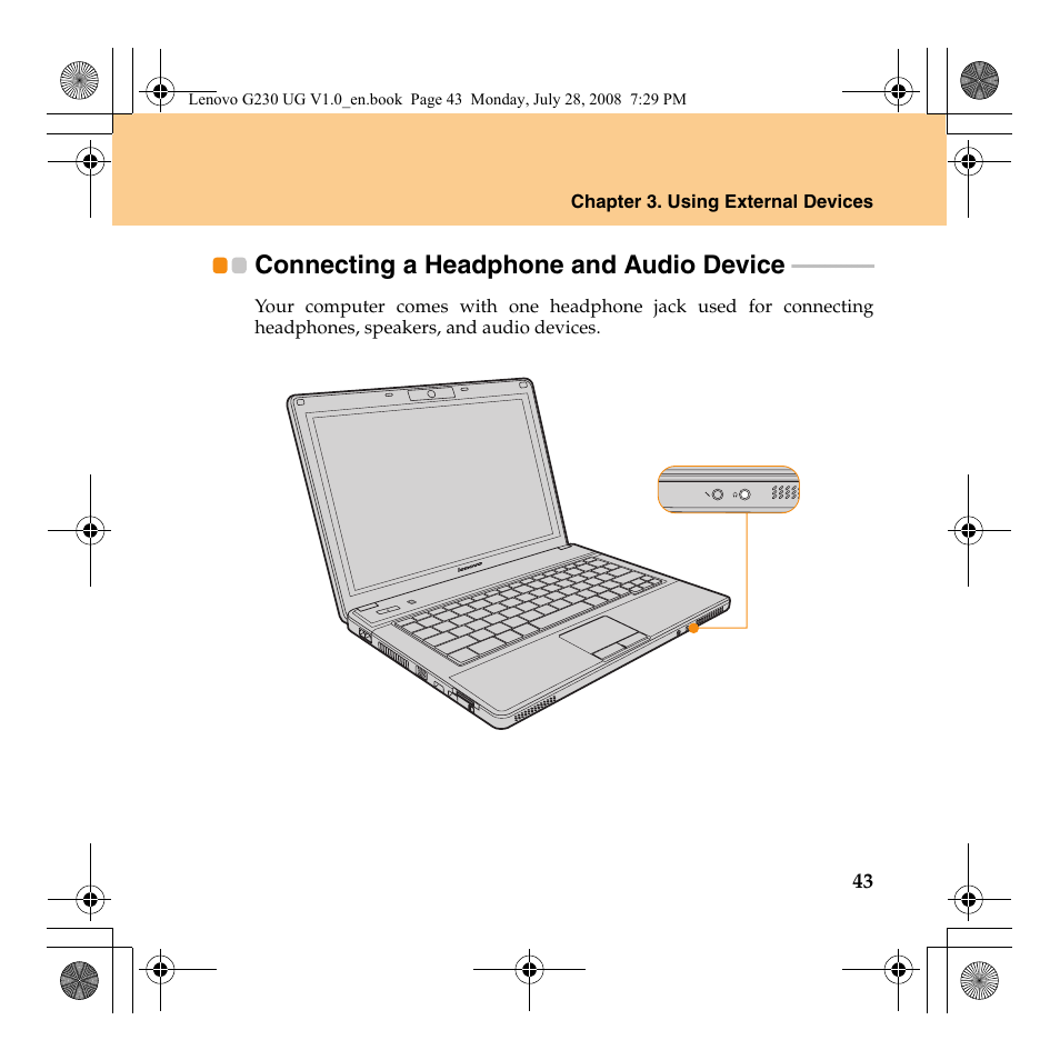 Connecting a headphone and audio device | Lenovo 3000 G230 User Manual | Page 51 / 140