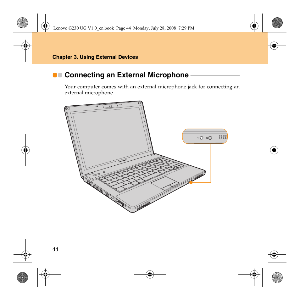 Connecting an external microphone | Lenovo 3000 G230 User Manual | Page 52 / 140