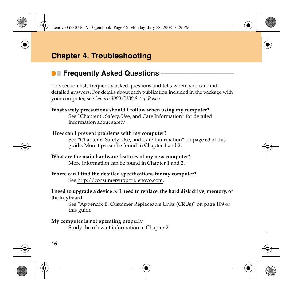 Chapter 4. troubleshooting, Frequently asked questions | Lenovo 3000 G230 User Manual | Page 54 / 140