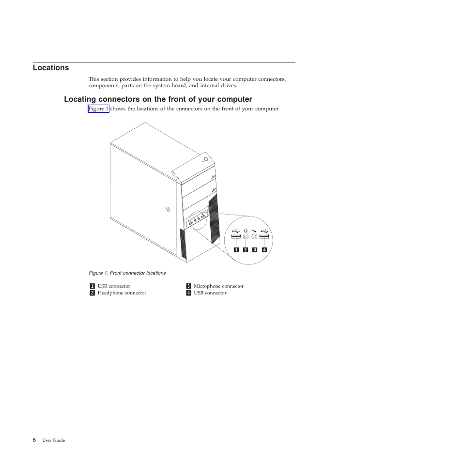 Locations, Locating connectors on the front of your computer | Lenovo 5393 User Manual | Page 16 / 94