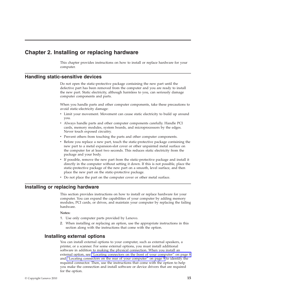 Chapter 2. installing or replacing hardware, Handling static-sensitive devices, Installing or replacing hardware | Installing external options | Lenovo 5393 User Manual | Page 23 / 94