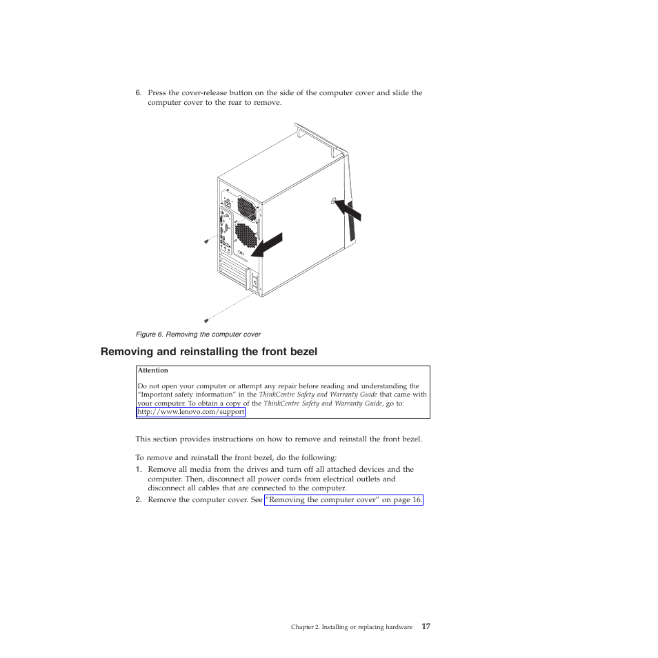 Removing and reinstalling the front bezel | Lenovo 5393 User Manual | Page 25 / 94